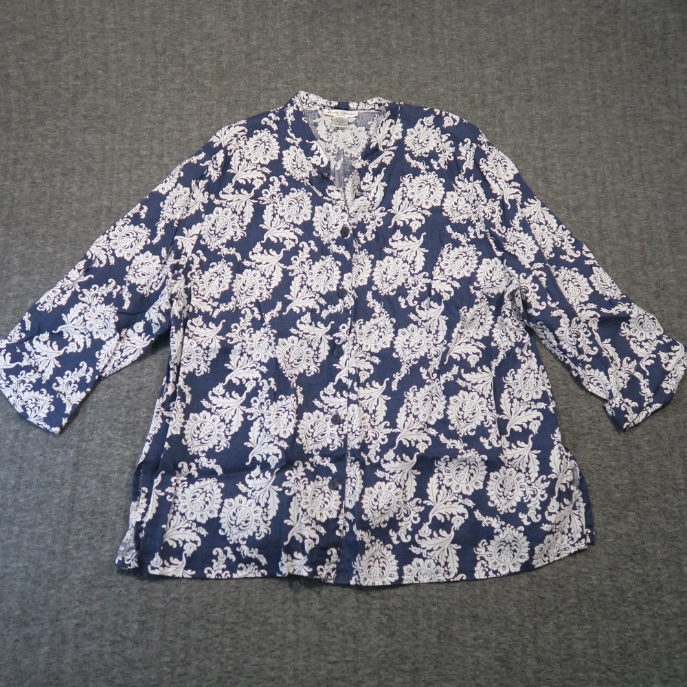 Marisa Christina Linen Tunic Top 3X Blue White Damask Coastal Resort Boho Luxury - Picture 2 of 7